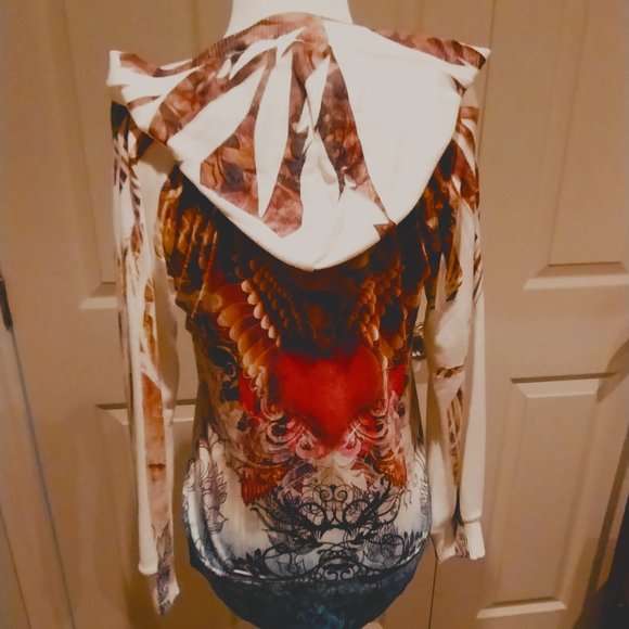 HOODED Long Patterned Pullover LARGE Heart and Pouch on Front - Picture 2 of 4